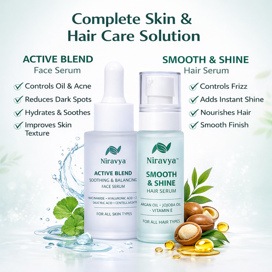 Niravya Skin & Hair Care Combo Active Blend Face Serum 30ml + Smooth & Shine Hair Serum 50ml
