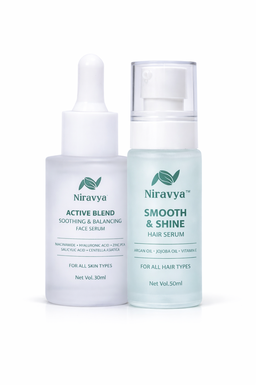 Niravya Skin & Hair Care Combo Active Blend Face Serum 30ml + Smooth & Shine Hair Serum 50ml
