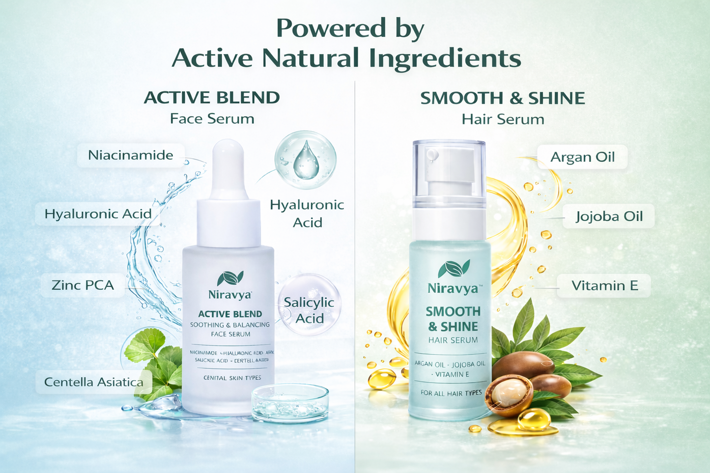 Niravya Skin & Hair Care Combo Active Blend Face Serum 30ml + Smooth & Shine Hair Serum 50ml